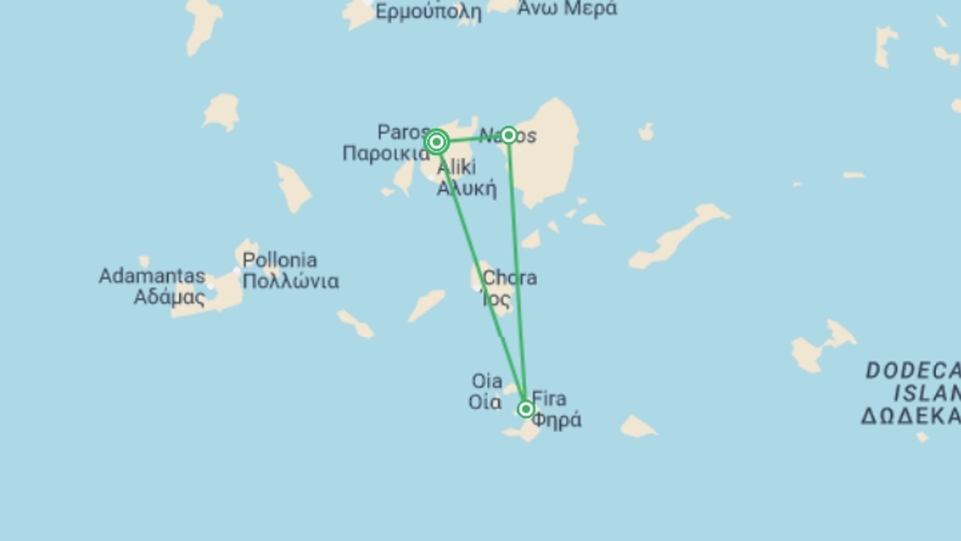 A map showing the tour itinerary for the trip: Island Hopping - Exploring The Greek Islands: Paros, Naxos & Santorini, starting in Paros, Greece and ending in Santorini, Greece going through 1 other destinations.