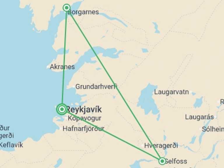Map itinerary of Reykjavik Tour in Fall with 2 destination visits for the trip: Iceland Highlights