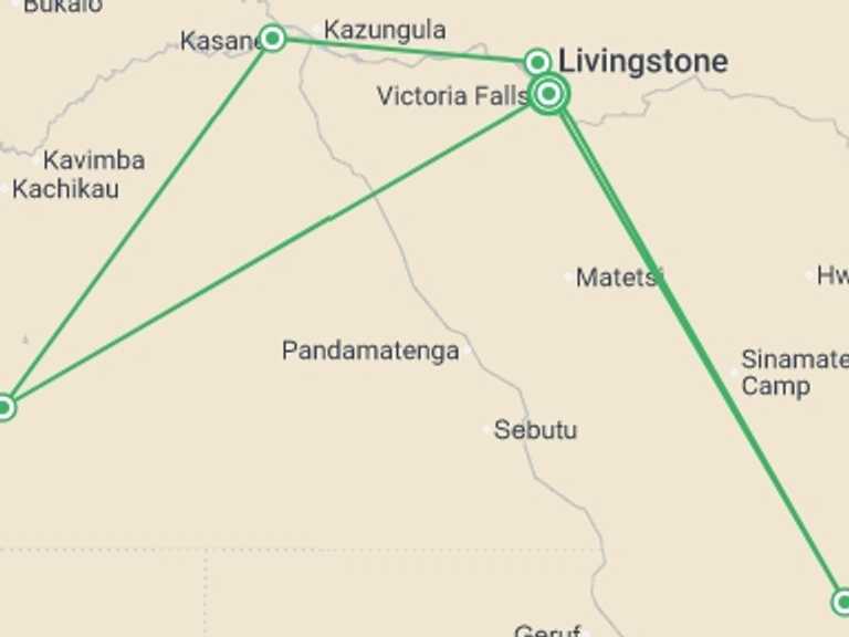Map of Africa Tour with 5 destination visits for the trip: Hwange, Chobe & Falls - 10 days