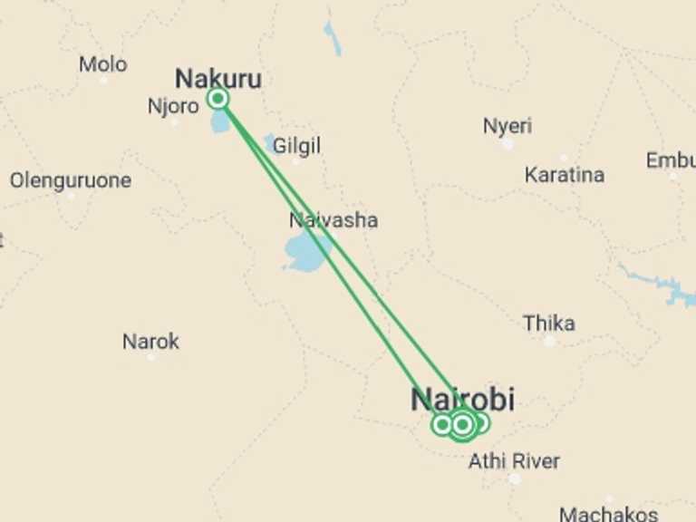 Map itinerary of Kenya Tour in Winter with 4 destination visits for the trip: 6 Days Masai Mara, Lake Nakuru & Amboseli Safari