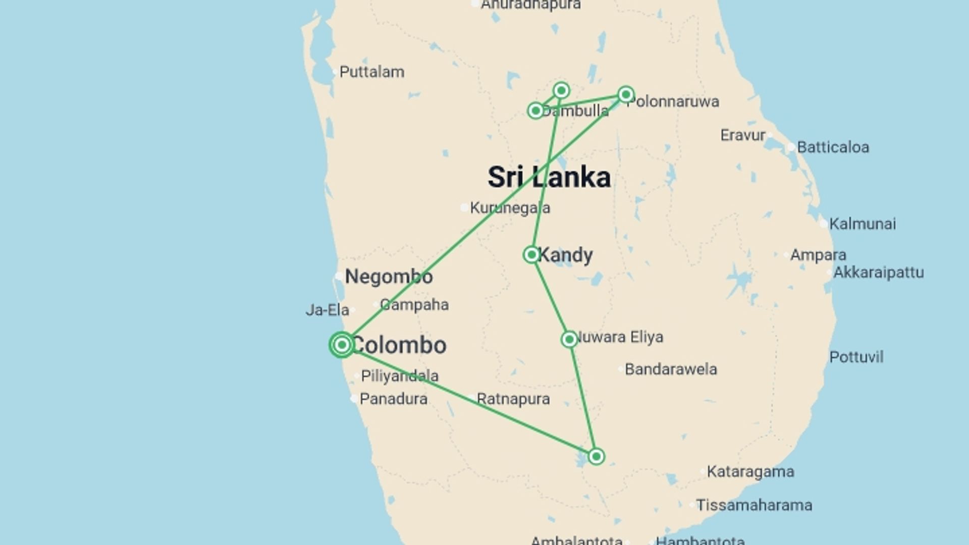 A map showing the tour itinerary for the trip: Colombo, Caves & Kandy - 8 days, starting in Colombo, Sri Lanka and ending in Colombo, Sri Lanka going through 4 other destinations.