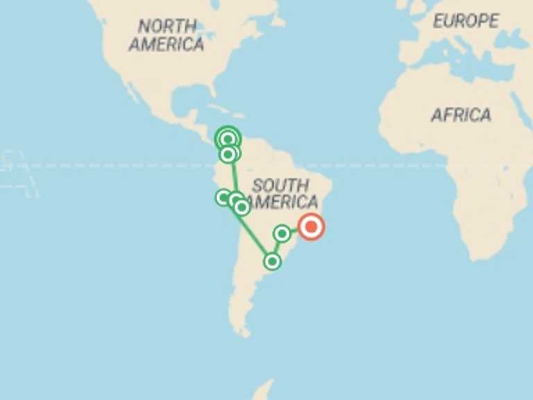 Map itinerary of Buenos Aires Tour in February 2026 with 11 destination visits for the trip: Grand South America