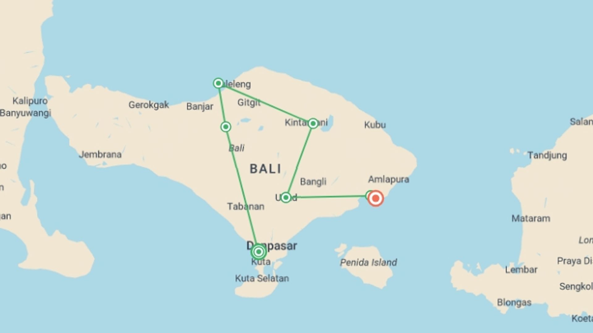 A map showing the tour itinerary for the trip: Indonesia: Bali Adventure, starting in Seminyak , Indonesia and ending in Candidasa, Indonesia going through 6 other destinations.