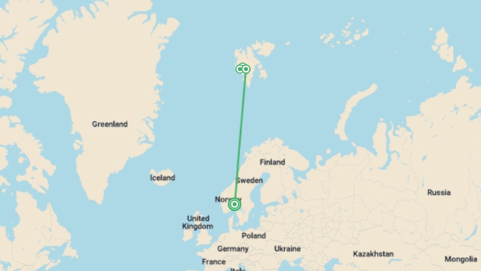 A map showing the tour itinerary for the trip: Oslo & Svalbard Discovery - 8 days, starting in Oslo, Norway and ending in Oslo, Norway going through 1 other destinations.