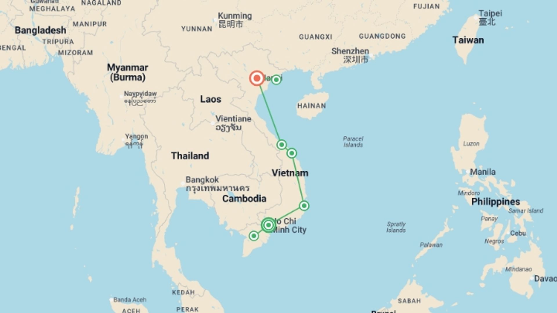 A map showing the tour itinerary for the trip: Classic Vietnam, starting in Ho Chi Minh City, Vietnam and ending in Hanoi, Vietnam going through 5 other destinations.