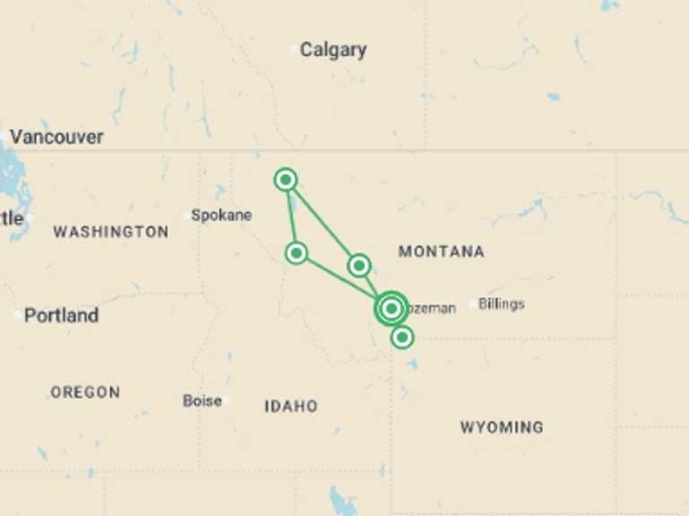 Map of Canada City sightseeing Tour with 3 destination visits for the trip: Montana: Exploring Big Sky Country featuring Yellowstone & Glacier National Parks