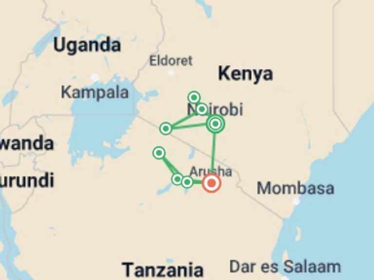 Map of Africa Wildlife safaris and game drives Tour with 8 destination visits for the trip: Journeys: Kenya & Tanzania Safari