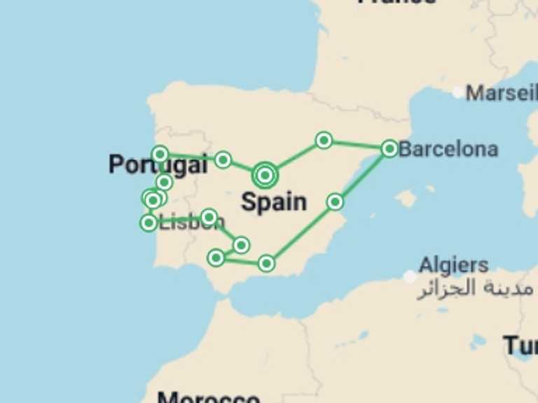 Map of Mediterranean Tour with 9 destination visits for the trip: Iberian Explorer (Superior) - 16 days