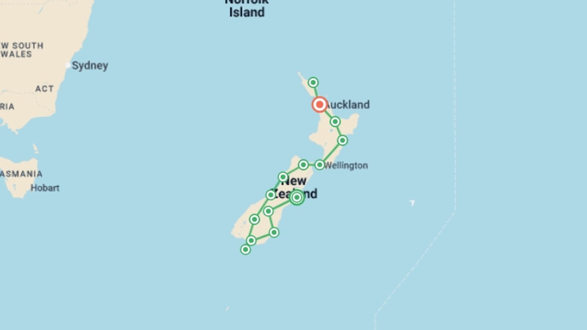 A map showing the tour itinerary for the trip: Spirit of New Zealand, starting in Christchurch, New Zealand and ending in Auckland, New Zealand going through 12 other destinations.