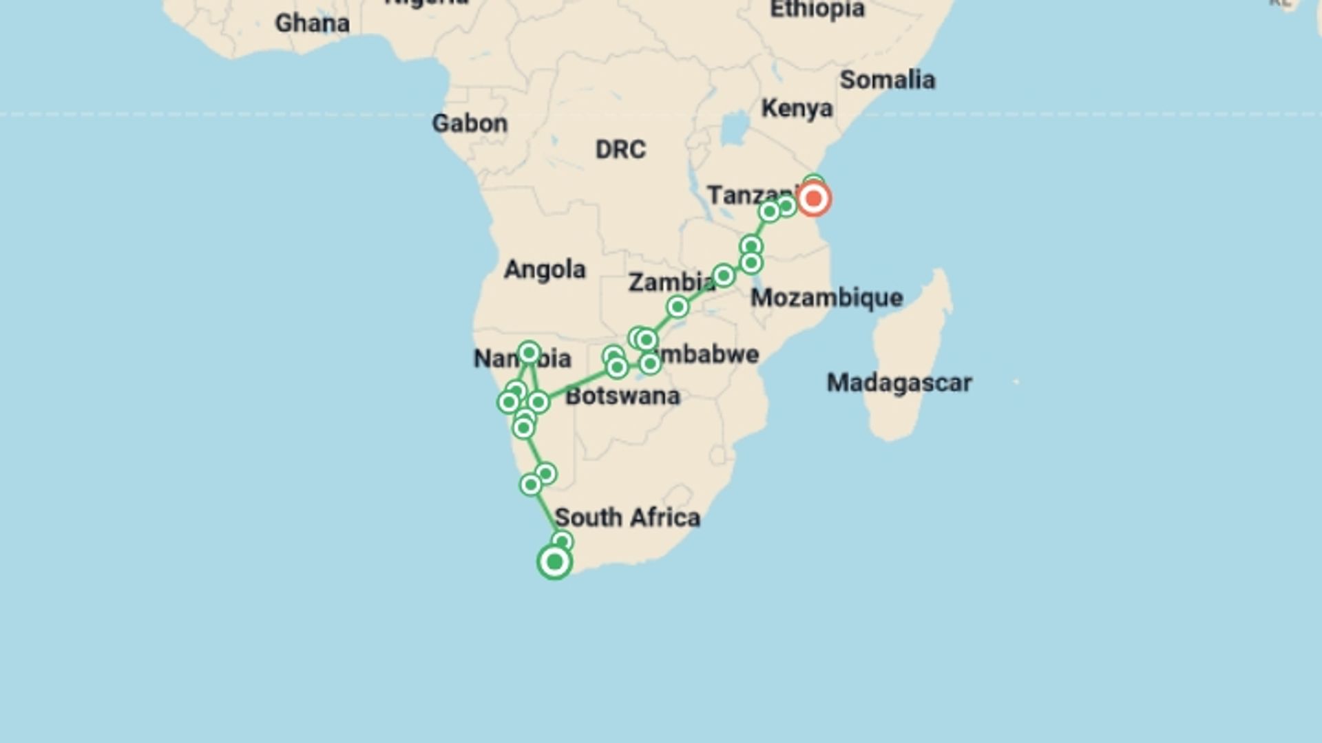A map showing the tour itinerary for the trip: 35-day Cape Town to Zanzibar Camping, starting in Cape Town, South Africa and ending in Dar Es Salaam, Tanzania going through 22 other destinations.