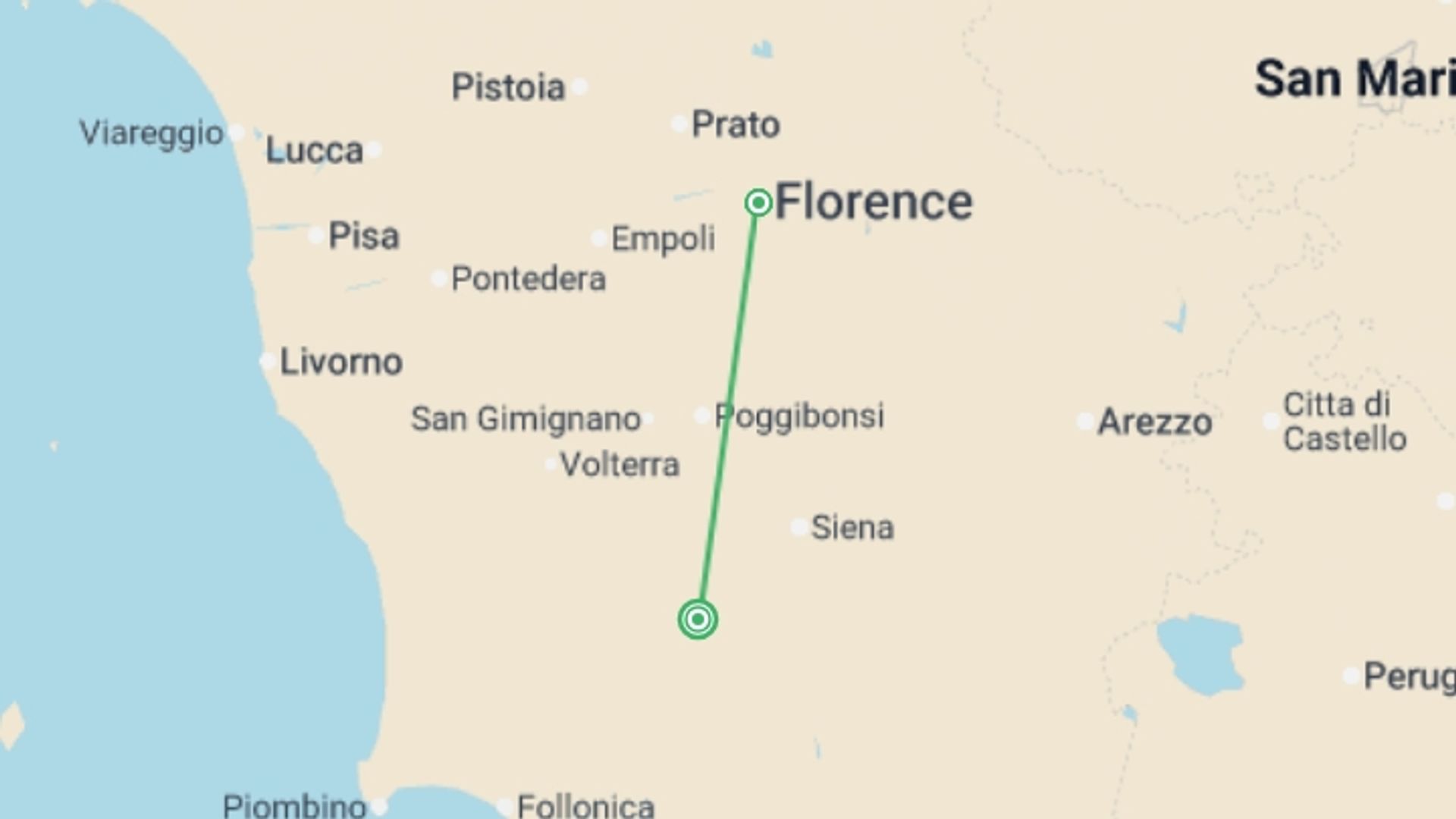 A map showing the tour itinerary for the trip: Enchanting Tuscany with Cinque Terre, starting in Tuscany, Italy and ending in Tuscany, Italy going through 1 other destinations.