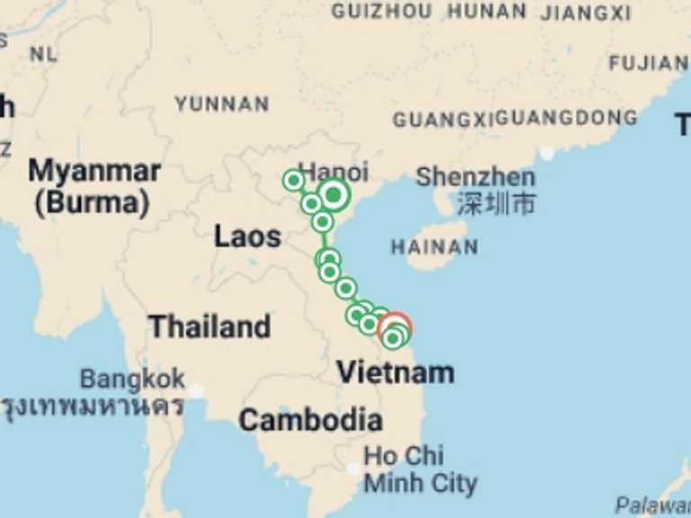 Map of Hanoi Bicycle Tour with 11 destination visits for the trip: Cycling Adventure From Hanoi To Hoi An 12 Days 11 Nights