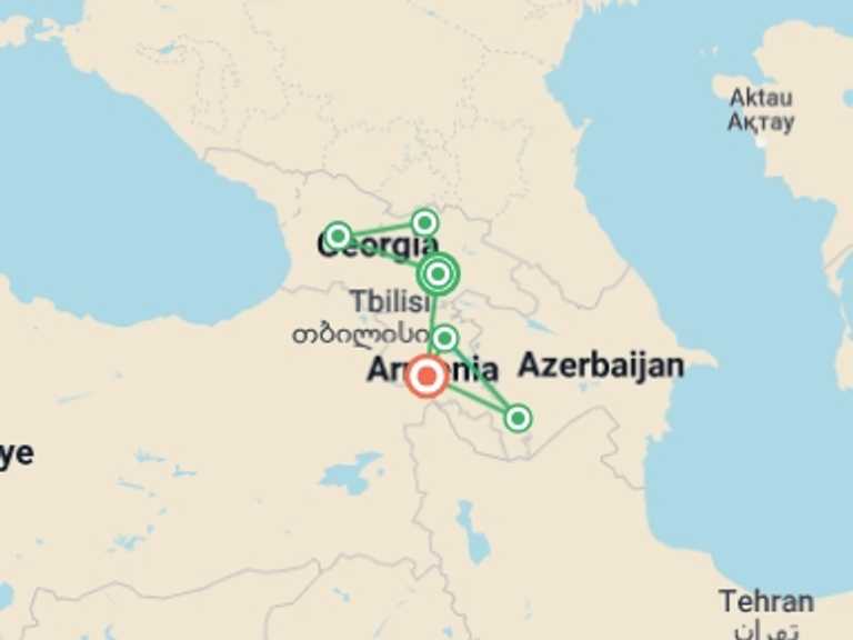 Map of Europe Tour with 6 destination visits for the trip: Georgia & Armenia Adventure