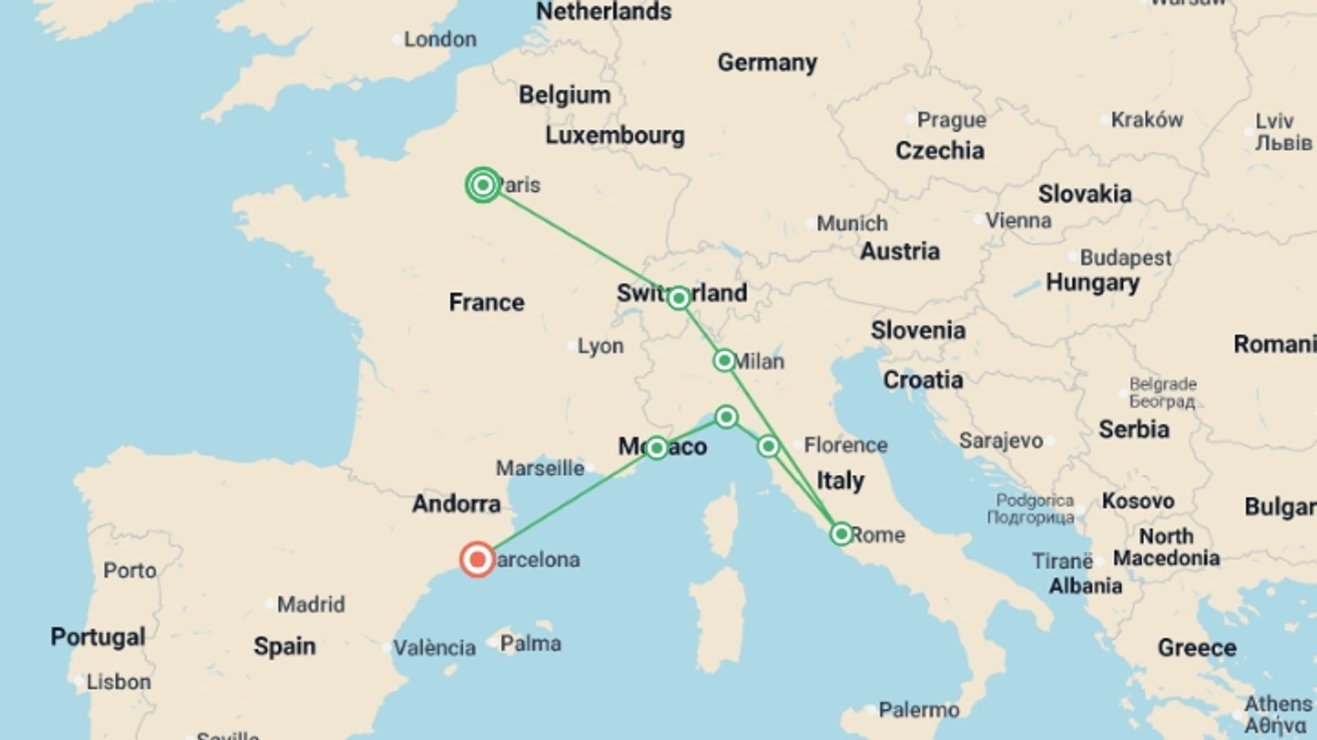 A map showing the tour itinerary for the trip: Paris to Barcelona: Tapas & Train Rides, starting in Paris, France and ending in Barcelona, Spain going through 4 other destinations.