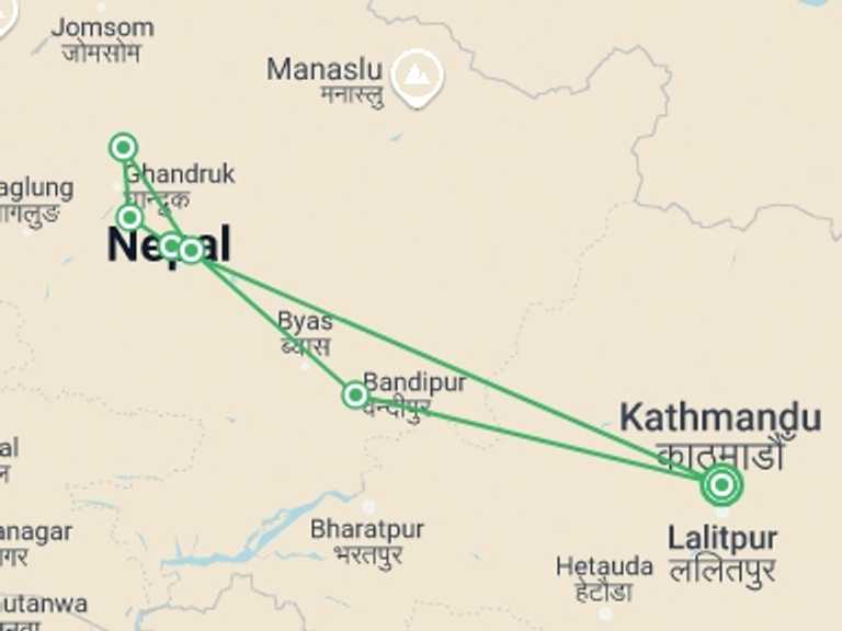 Map of 12-Day Kathmandu Tour with 7 destination visits for the trip: Nepal Panorama Tour