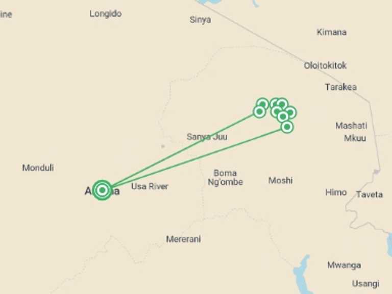 Map of 8-Day Arusha Tour with 7 destination visits for the trip: Mt. Kilimanjaro - Machame Route  | 8 Days