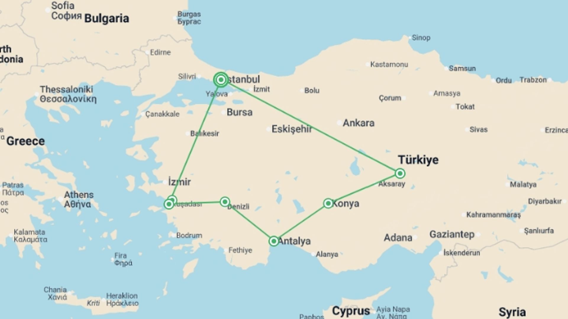 A map showing the tour itinerary for the trip: Best Of Turkey, starting in Istanbul, Turkey and ending in Istanbul, Turkey going through 3 other destinations.