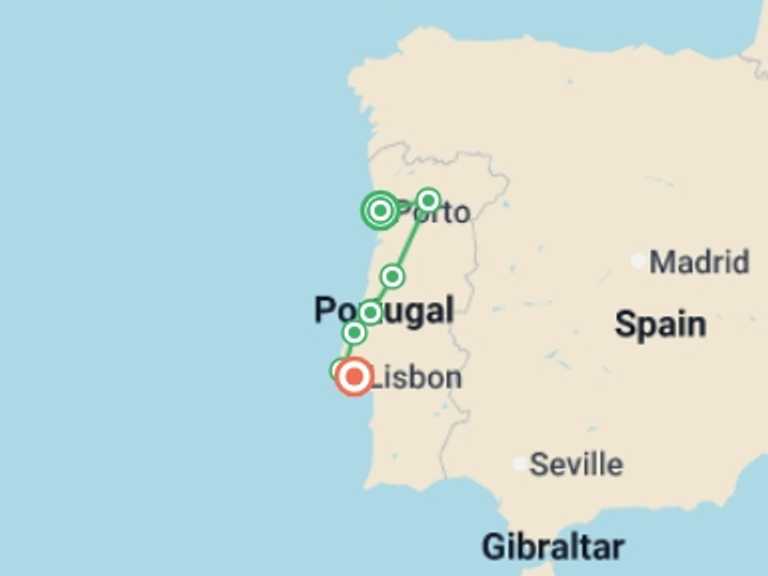 Map of Europe Tour with 5 destination visits for the trip: Highlights of Portugal