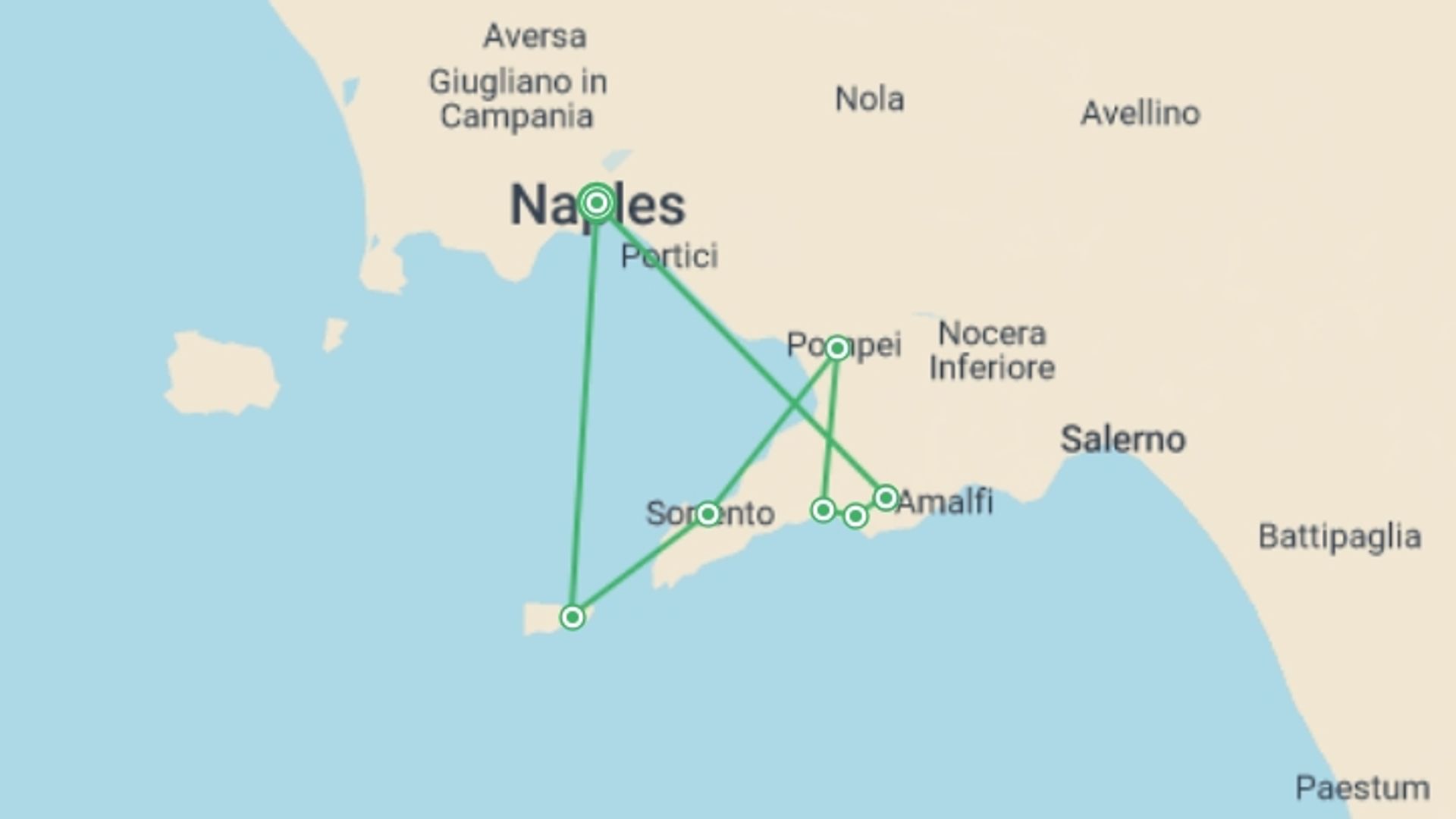 A map showing the tour itinerary for the trip: Food And Walking On The Amalfi Coast, Small Group Tour, starting in Pimonte, Italy and ending in Naples, Italy going through 5 other destinations.