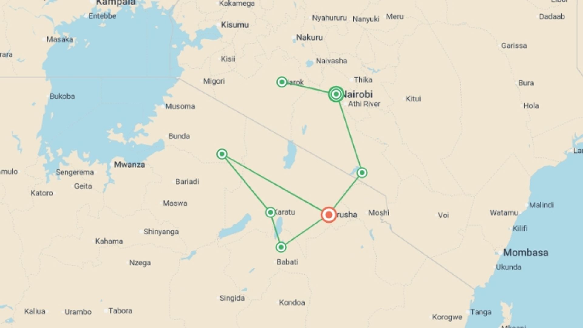 A map showing the tour itinerary for the trip: Kenya & Tanzania: Serengeti Safari Adventure, starting in Nairobi, Kenya and ending in Arusha, Tanzania going through 5 other destinations.