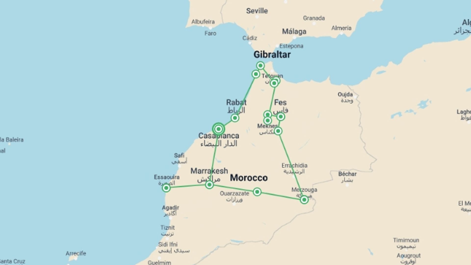 A map showing the tour itinerary for the trip: 14 Days Private Tour From Casablanca, starting in Casablanca, Morocco and ending in Casablanca, Morocco going through 8 other destinations.