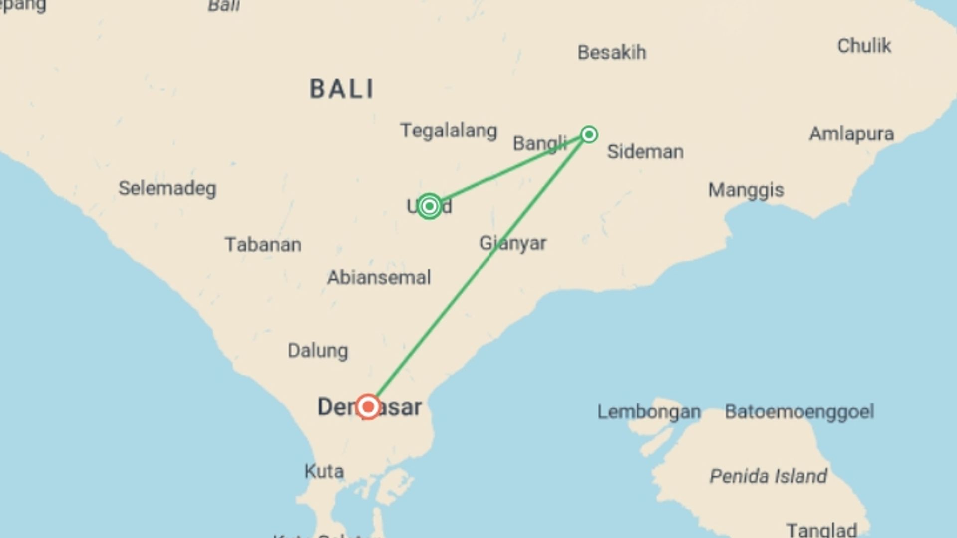 A map showing the tour itinerary for the trip: Bali Insider, Private Tour, starting in Ubud, Indonesia and ending in Denpasar, Indonesia going through 1 other destinations.