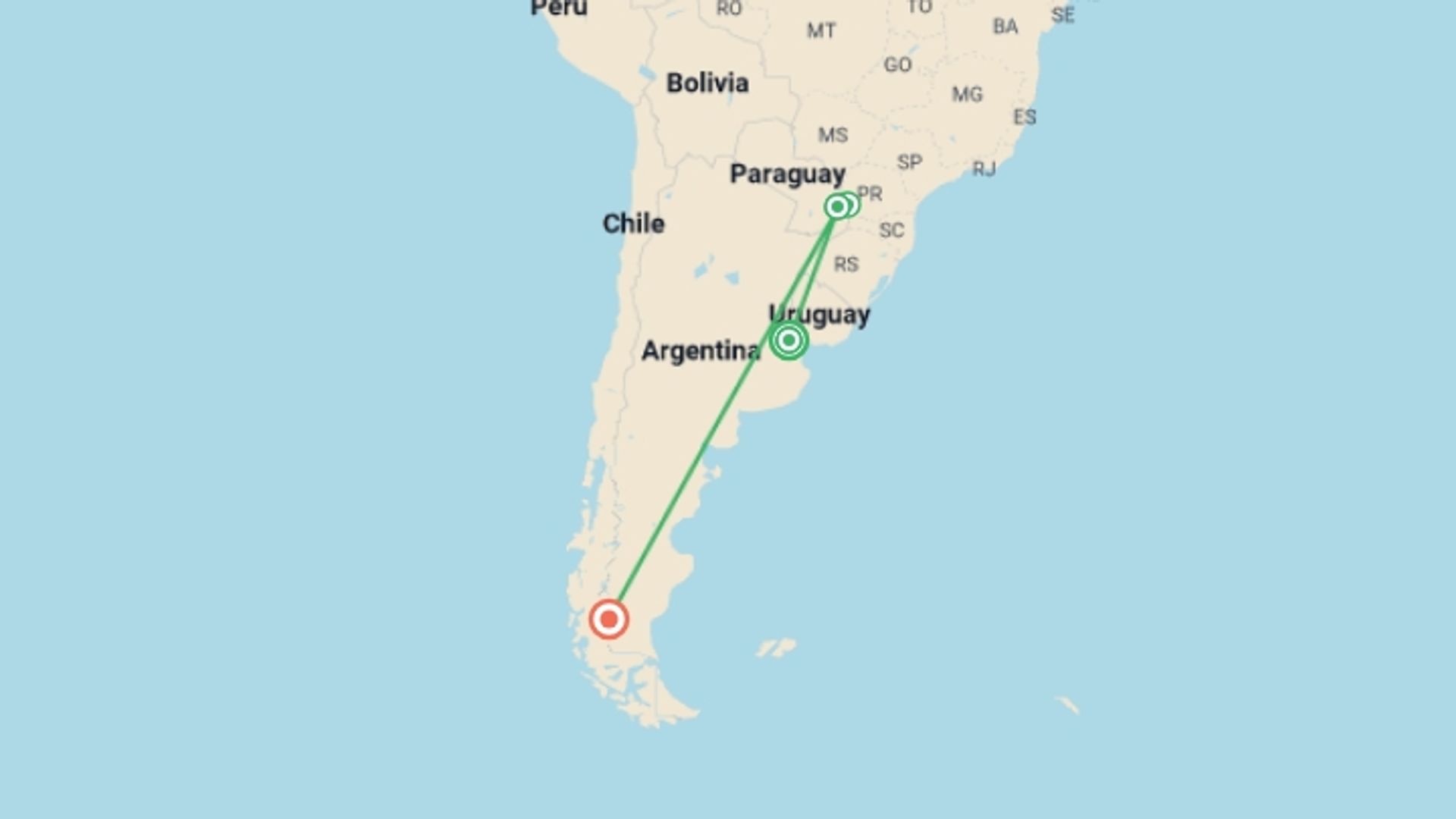 A map showing the tour itinerary for the trip: Classic Argentina Highlights - 10 days , starting in Buenos Aires, Argentina and ending in El Calafate, Argentina going through 2 other destinations.