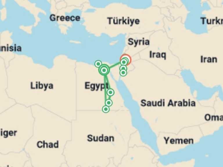 Map of Cairo Explorer Tour with 10 destination visits for the trip: Highlights of Egypt and Jordan 