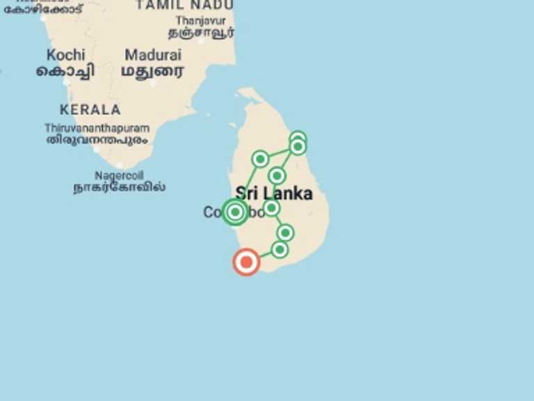 Map of Sri Lanka Tour with 7 destination visits for the trip: Awesome Places To Visit In Sri Lanka