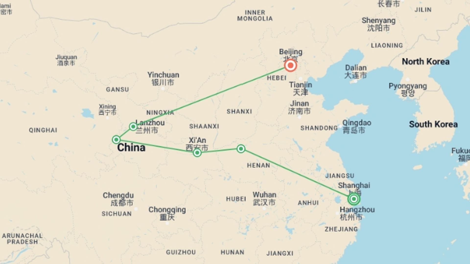 A map showing the tour itinerary for the trip: Explore China, starting in Shanghai, China and ending in Beijing, China going through 4 other destinations.