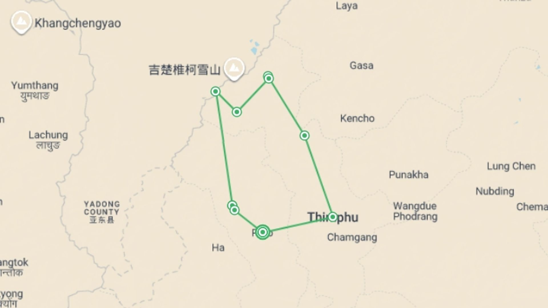 A map showing the tour itinerary for the trip: Jomolhari Base Camp Trek, starting in Paro, Bhutan and ending in Paro, Bhutan going through 8 other destinations.