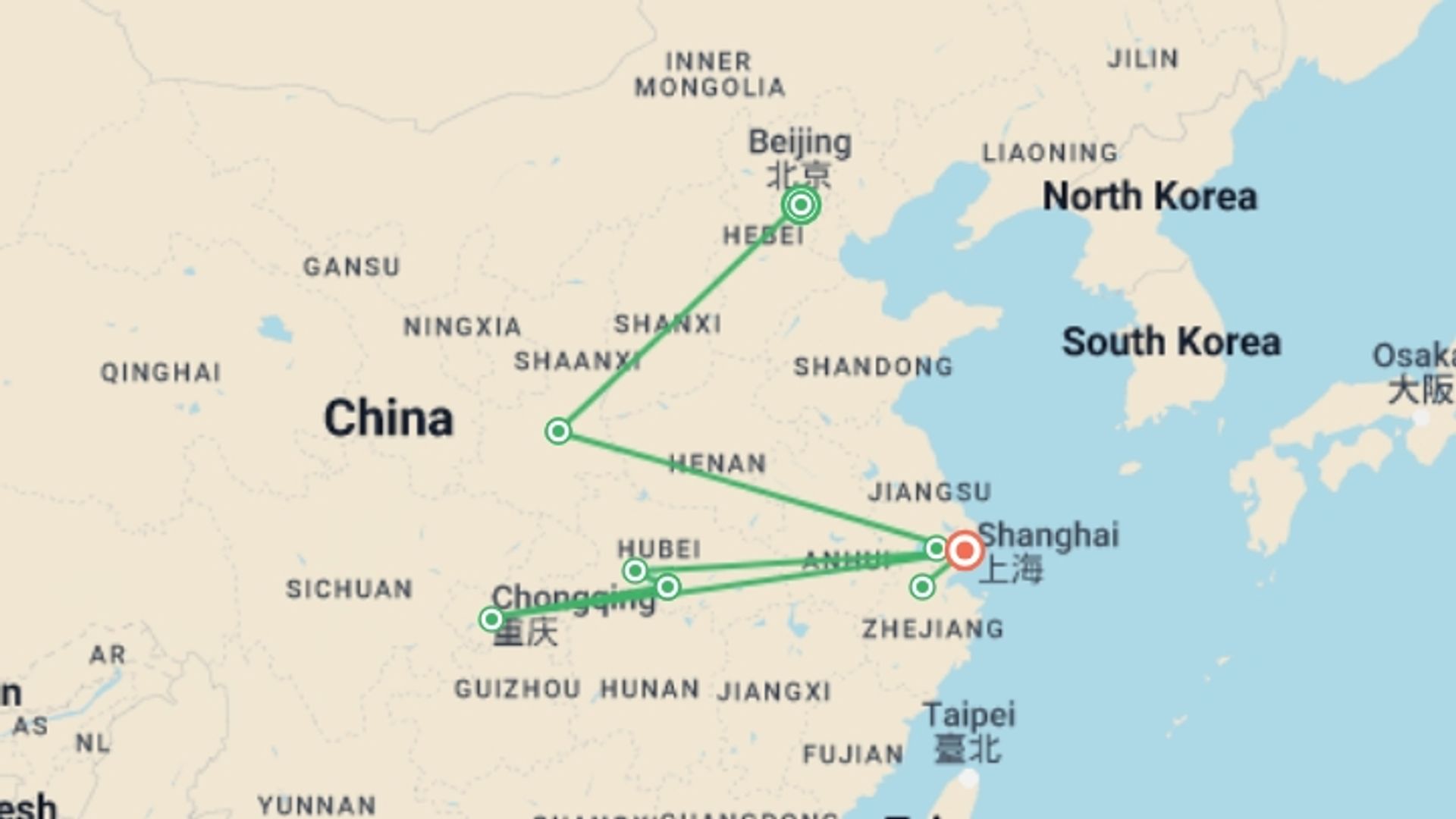 A map showing the tour itinerary for the trip: Two-Week in China Including Yangtze River Cruise      , starting in Beijing, China and ending in Shanghai, China going through 6 other destinations.