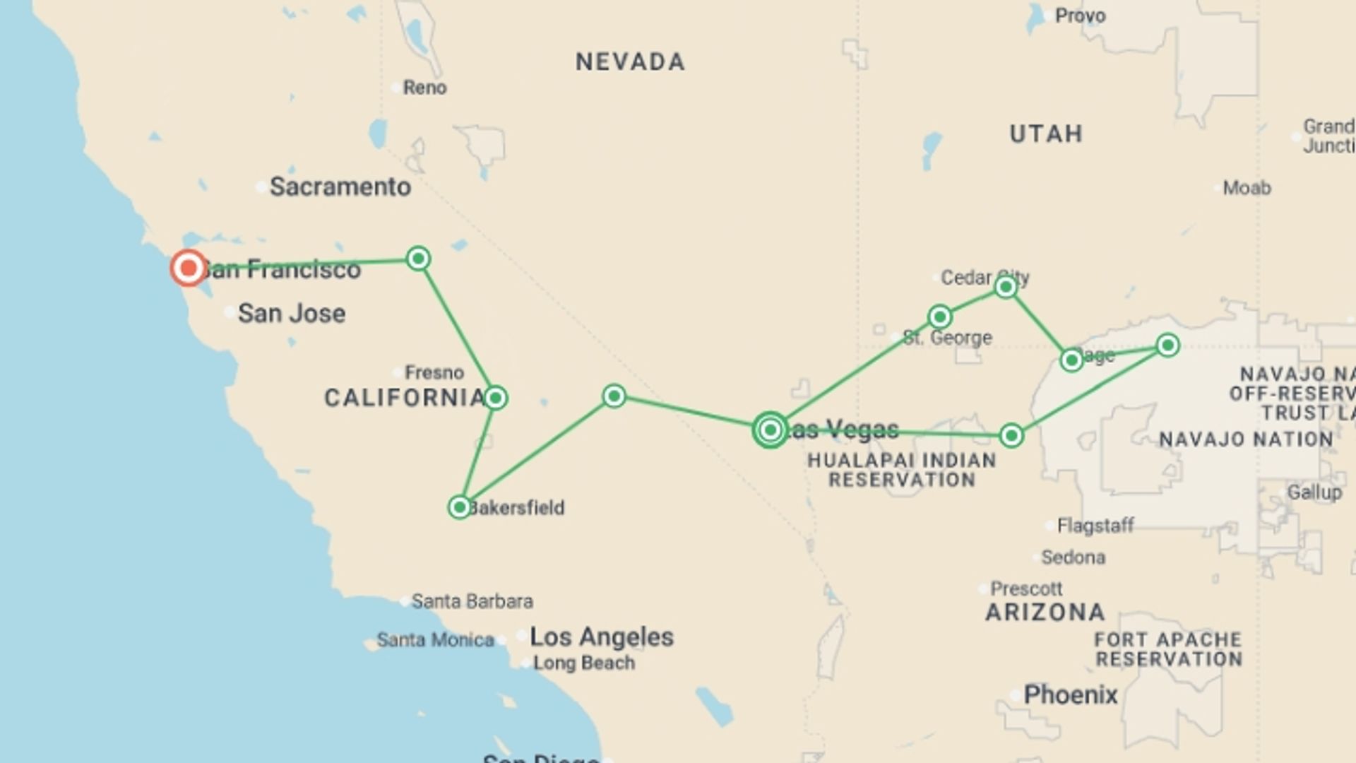 A map showing the tour itinerary for the trip: Zion to San Francisco Adventure, starting in Las Vegas, USA and ending in San Francisco, USA going through 7 other destinations.