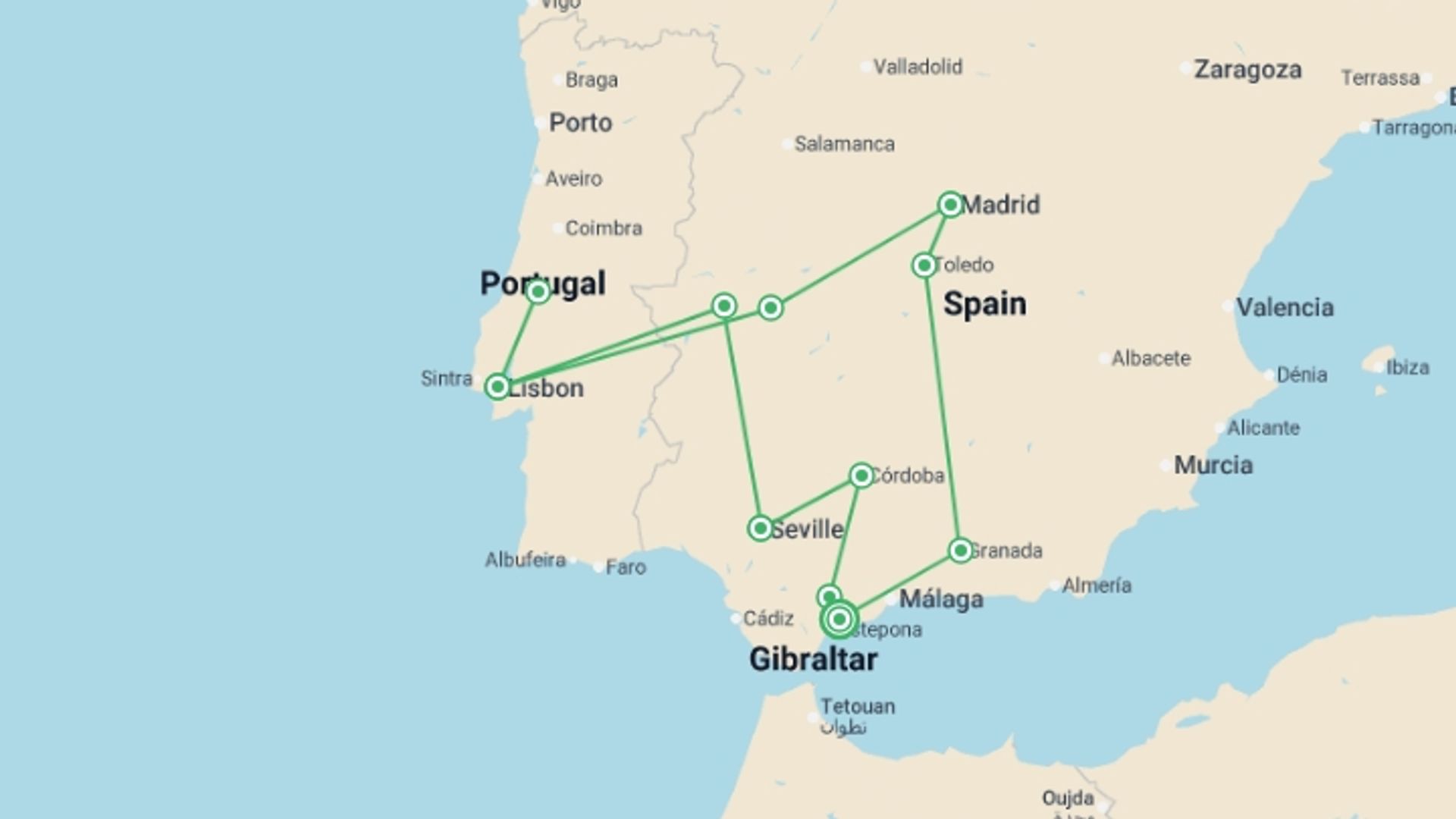 A map showing the tour itinerary for the trip: Costa del Sol to Andalucia & Lisbon - 10 days, starting in Costa del Sol, Spain and ending in Costa del Sol, Spain going through 5 other destinations.