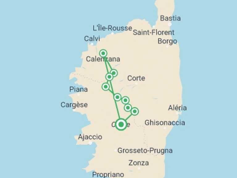 Map of Europe Trekking and Hiking Tour with 9 destination visits for the trip: Corsica GR20 North