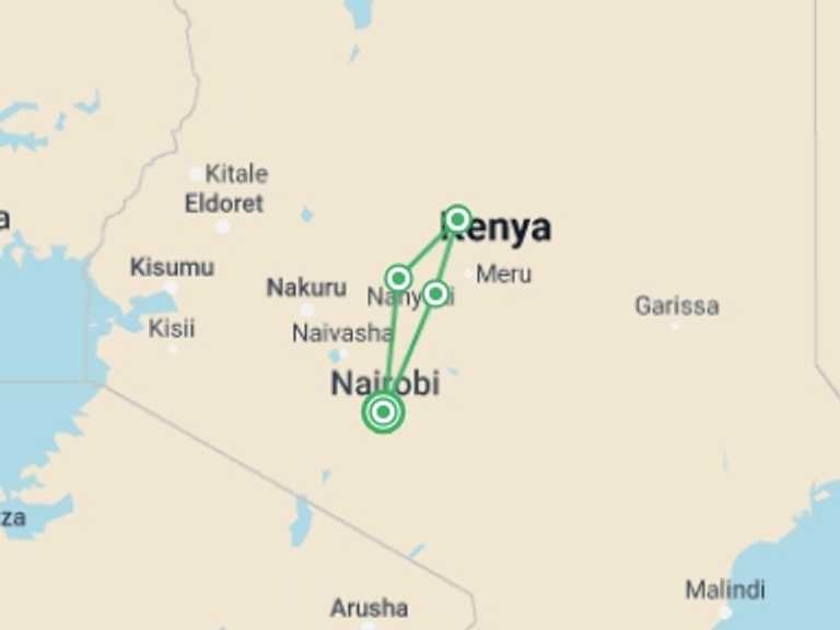 Map of Africa Tour with 4 destination visits for the trip: 5 Days 4 Nights Mt Kenya, Samburu, Olpejeta
