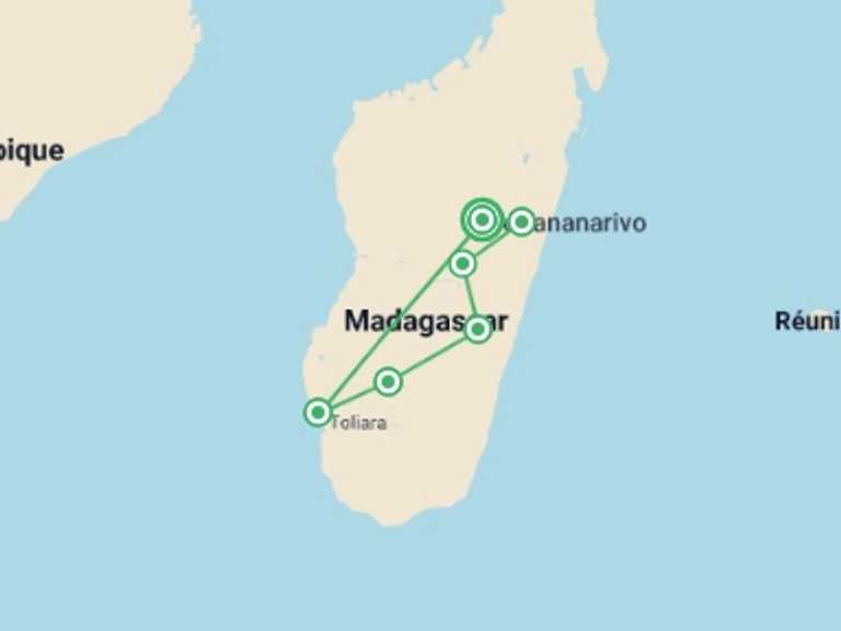 Map itinerary of East Africa Tour in November 2025 with 6 destination visits for the trip: 1000 Views of Madagascar