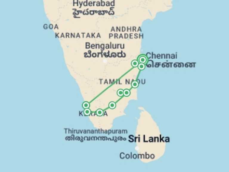 Map itinerary of Chennai Tour in Summer with 7 destination visits for the trip: India Dravida