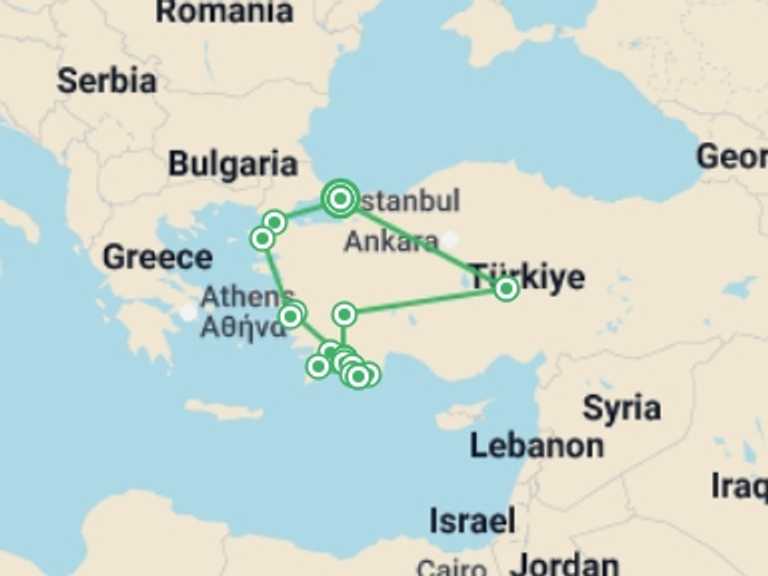 Map of Turkey Tour with 11 destination visits for the trip: All About Turkey (5 & 4 Star Hotels)