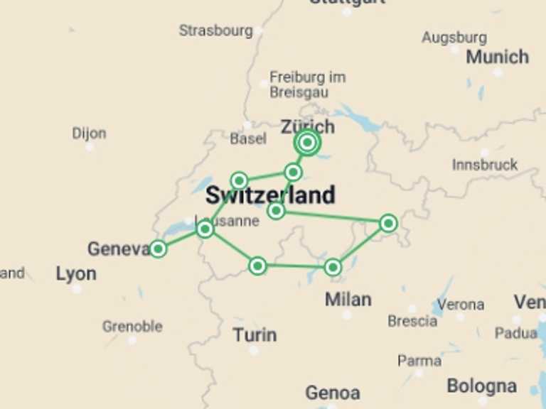 Map of a Train Tour with 7 destination visits for the trip: Country Roads of Switzerland