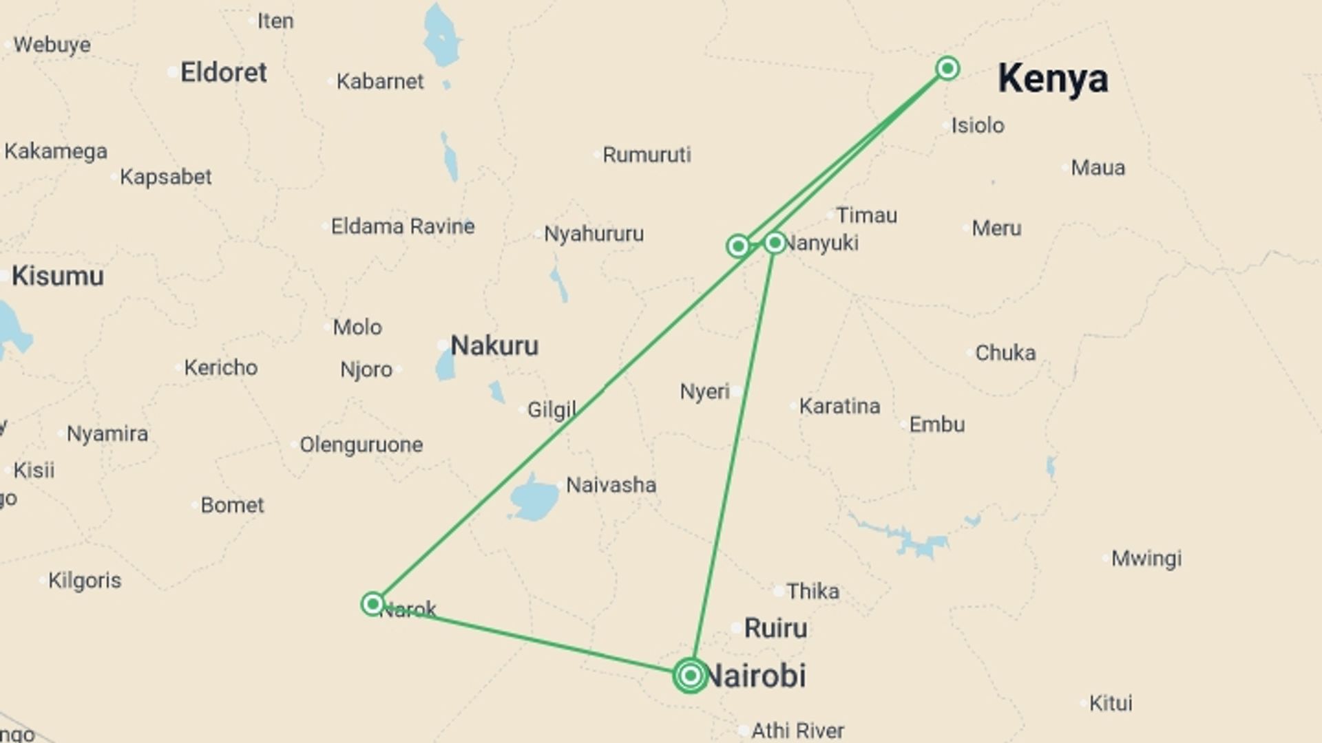 A map showing the tour itinerary for the trip: Classic Kenya Safari - 8 days, starting in Nairobi, Kenya and ending in Nairobi, Kenya going through 3 other destinations.