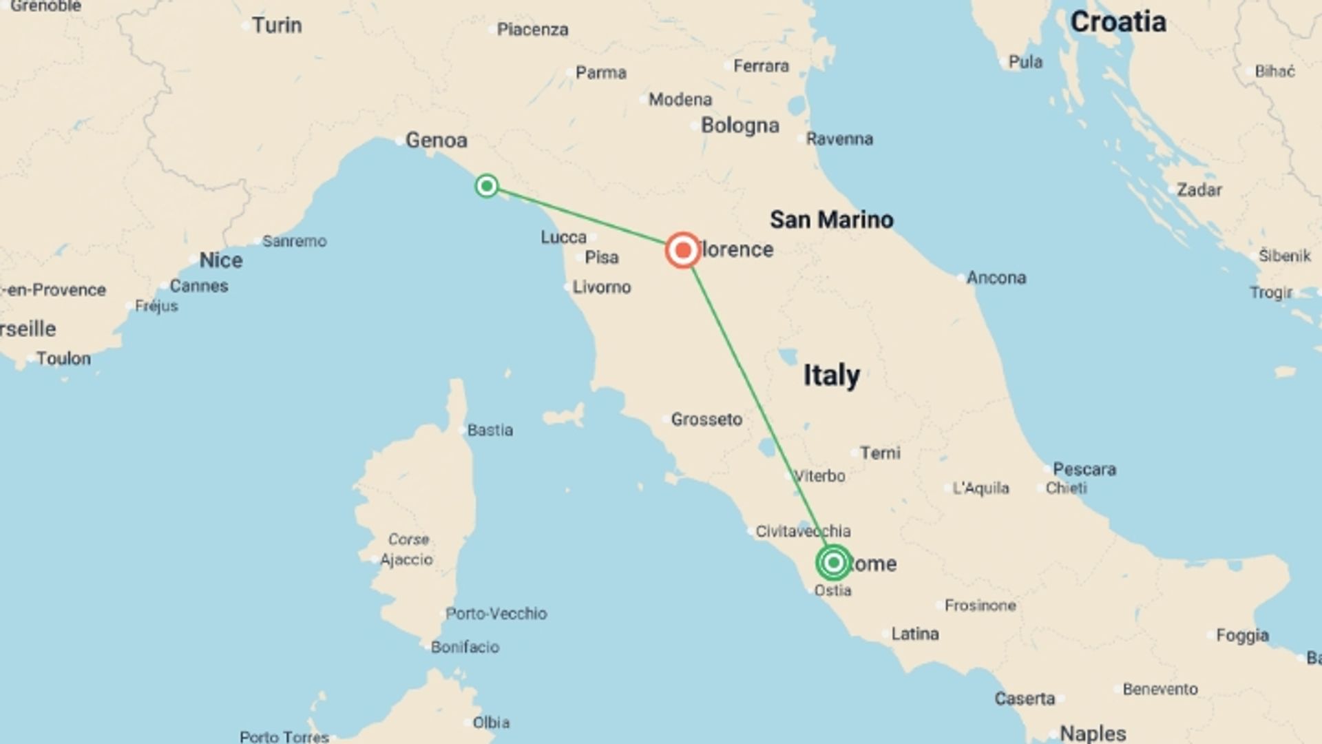 A map showing the tour itinerary for the trip: Jewels of Italy and Cinque Terre by Rail, starting in Rome, Italy and ending in Florence, Italy going through 2 other destinations.