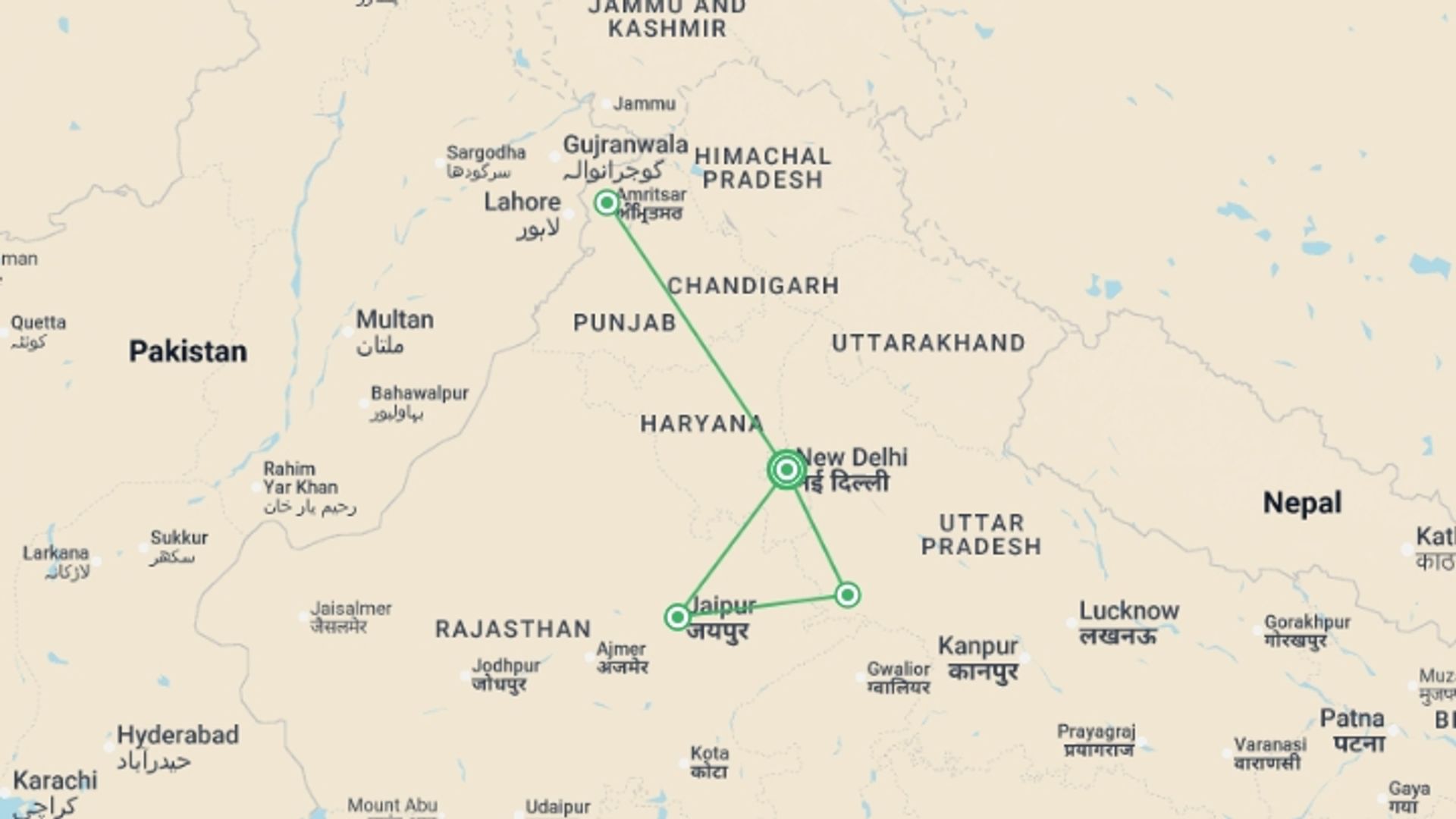 A map showing the tour itinerary for the trip: Classic India & Amritsar - 8 days, starting in New Delhi, India and ending in New Delhi, India going through 3 other destinations.