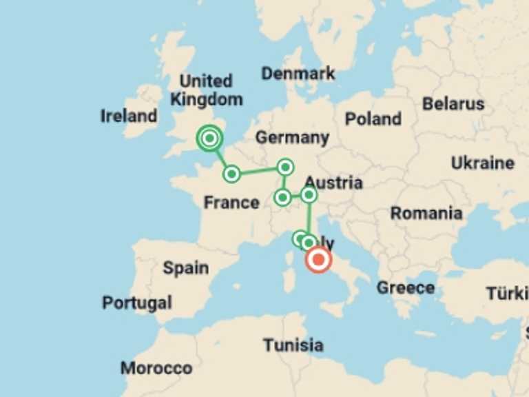 Map of 10-Day London Tour with 7 destination visits for the trip: Best of Western Europe
