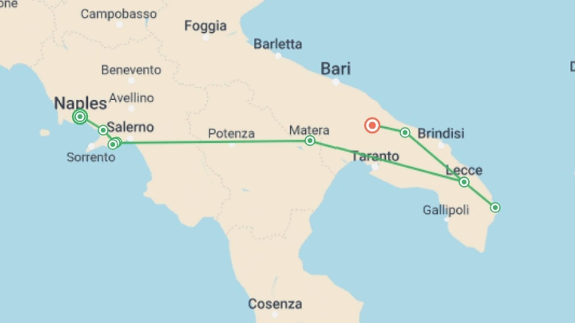 A map showing the tour itinerary for the trip: Italy: Amalfi Coast to Puglia , starting in Naples, Italy and ending in Alberobello, Italy going through 2 other destinations.