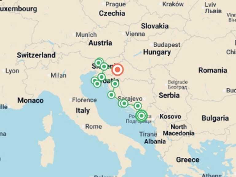 Map itinerary of Mediterranean Tour in October 2026 with 6 destination visits for the trip: Best of the Adriatic
