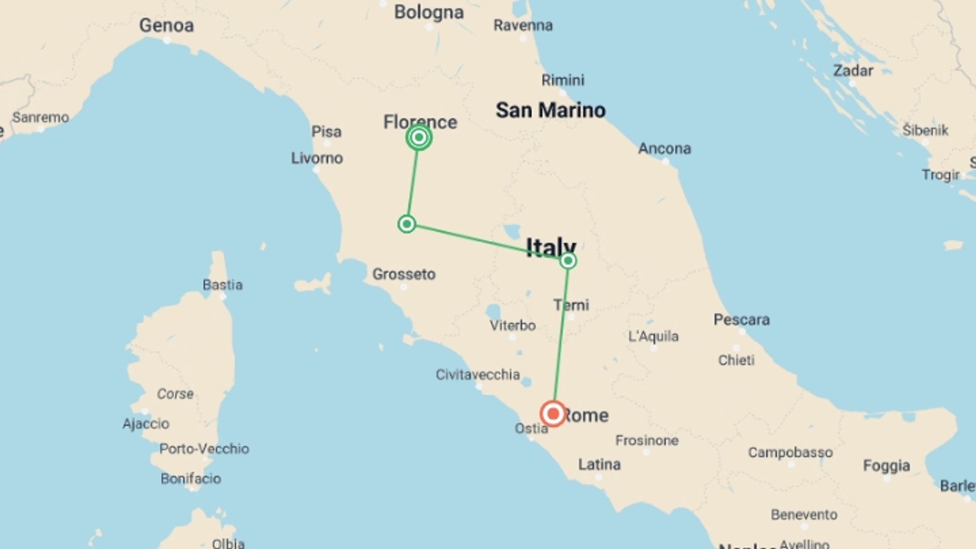 A map showing the tour itinerary for the trip: Italy: Florence to Rome, Walking the Vineyards of Tuscany and Umbria, starting in Florence, Italy and ending in Rome, Italy going through 2 other destinations.