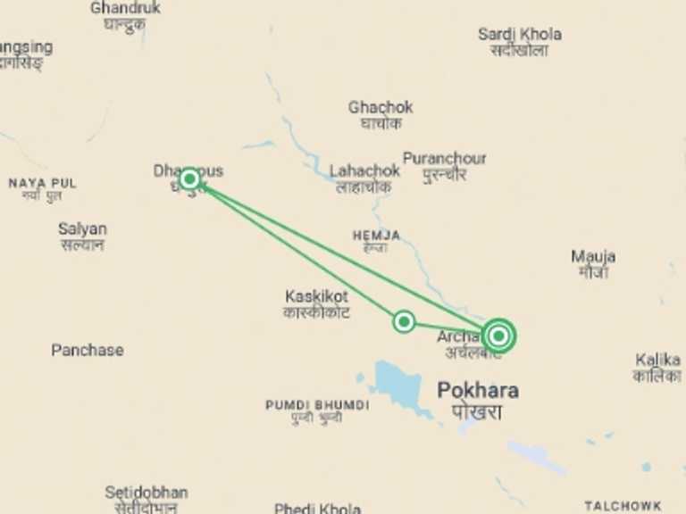 Map of Pokhara Trekking and Hiking Tour with 3 destination visits for the trip: Dhampus Sarangkot (Short Annapurna Trek)
