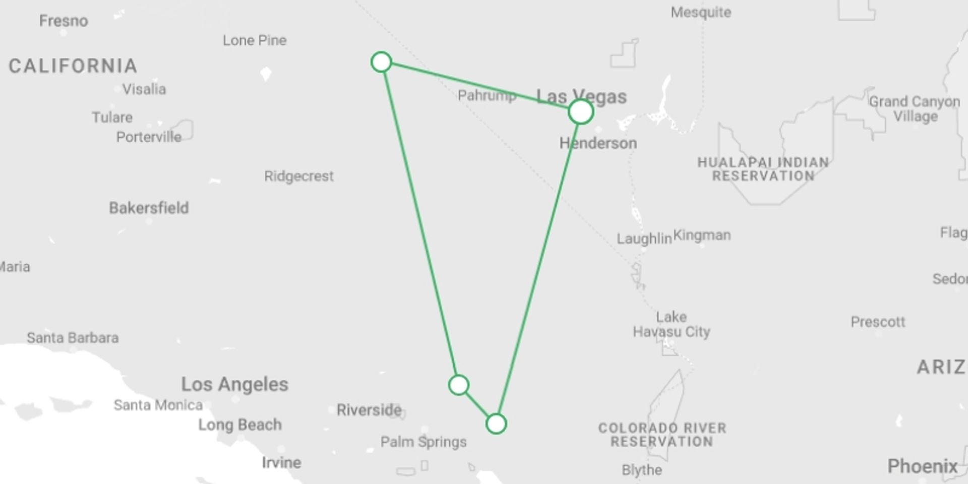 A map showing the tour itinerary for the trip: Hiking the best of Death Valley & Joshua Tree, starting in undefined, USA and ending in undefined, USA going through 0 other destinations.