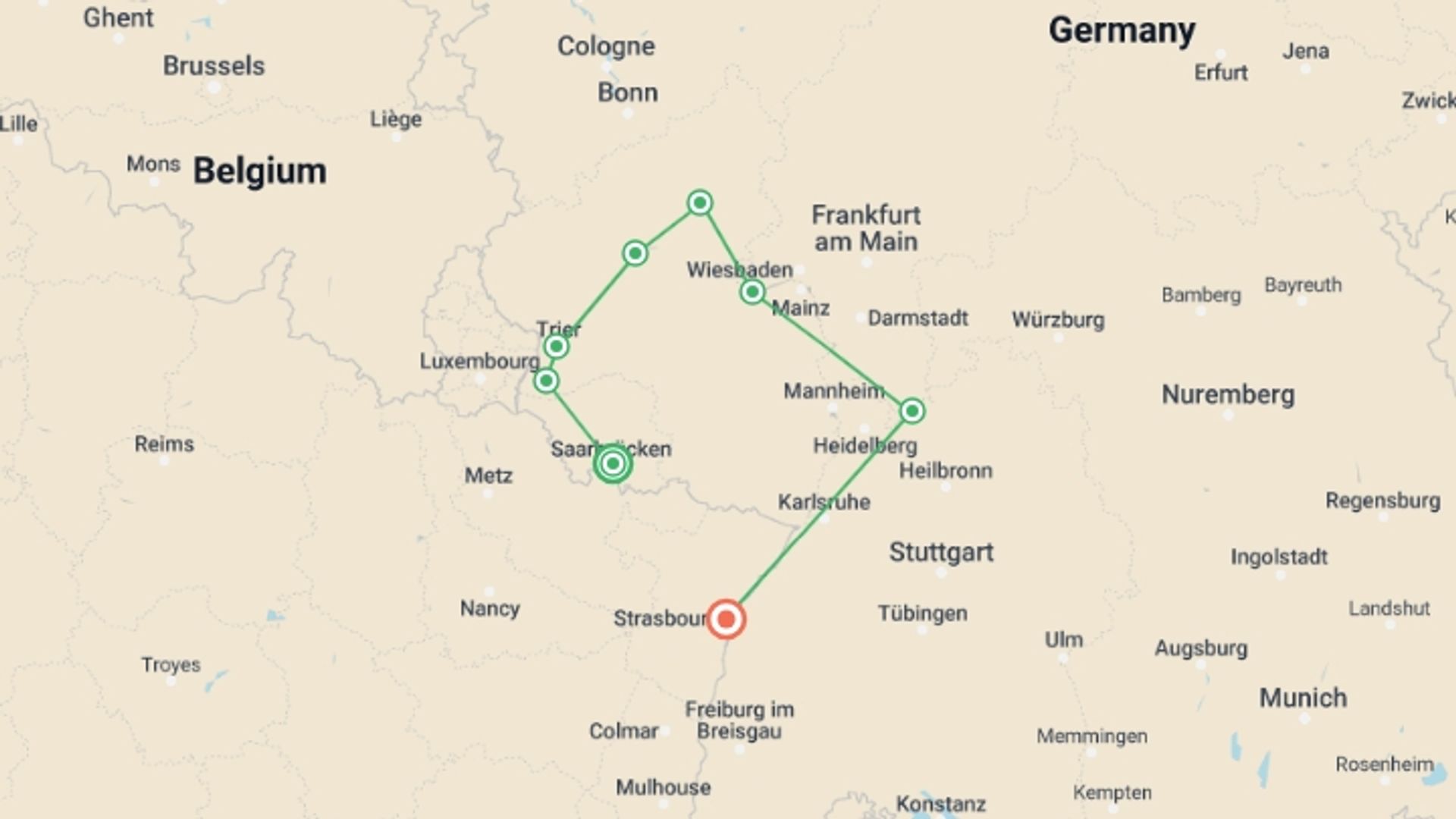 A map showing the tour itinerary for the trip: A Cruise Through Four Exquisite European Valleys (port-to-port cruise), starting in Saarbrucken, Germany and ending in Strasbourg, France going through 7 other destinations.